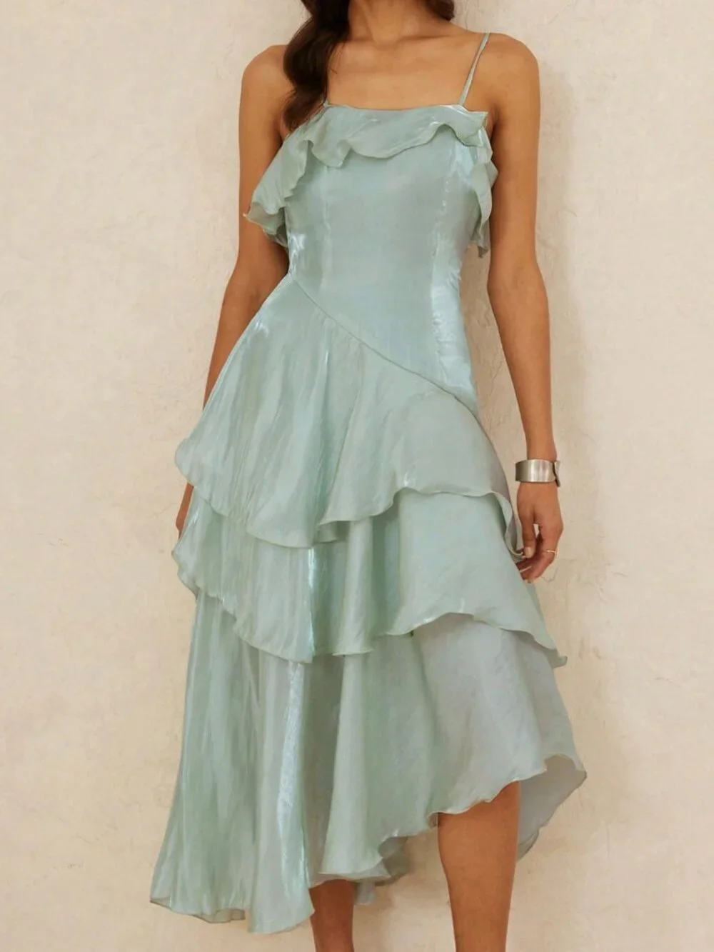 Cadet Blue Romantic Women's Asymmetrical Ruffle Trim Camisole Dress - Picture 4 of 7